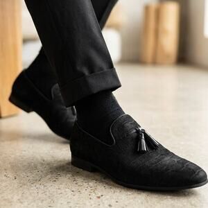 Section X Men’s Croc Embossed Leather Tassel Loafers Size 11 M Black